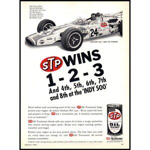 1966 STP Oil Treatment Vintage Print Ad Graham Hill Indy 500 Racecar Wall Art